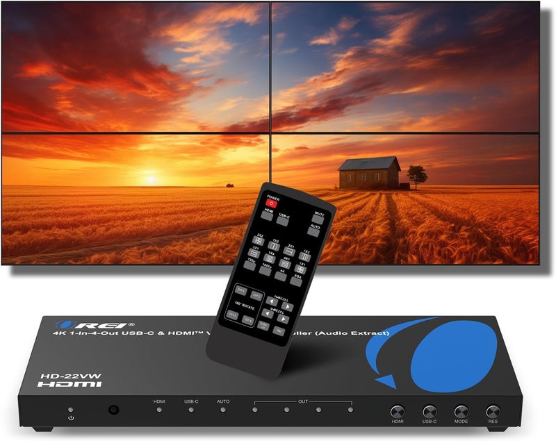 OREI 4K Video Wall Controller for Multi-Screen Display with HDMI and USB-C Inputs, 4K@60Hz Input and 1080p Output, 180° Rotation, RS-232 Control and Optical Audio Output - Image 1
